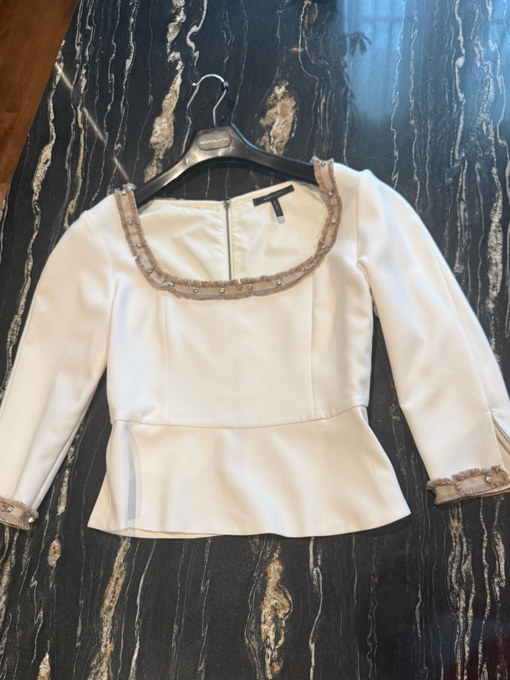 BCBGMaxAzria Cream Peplum Long Sleeve Top with Embellished Trim